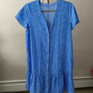 Blue Button-Front Short Sleeve Dress with White Dot Print